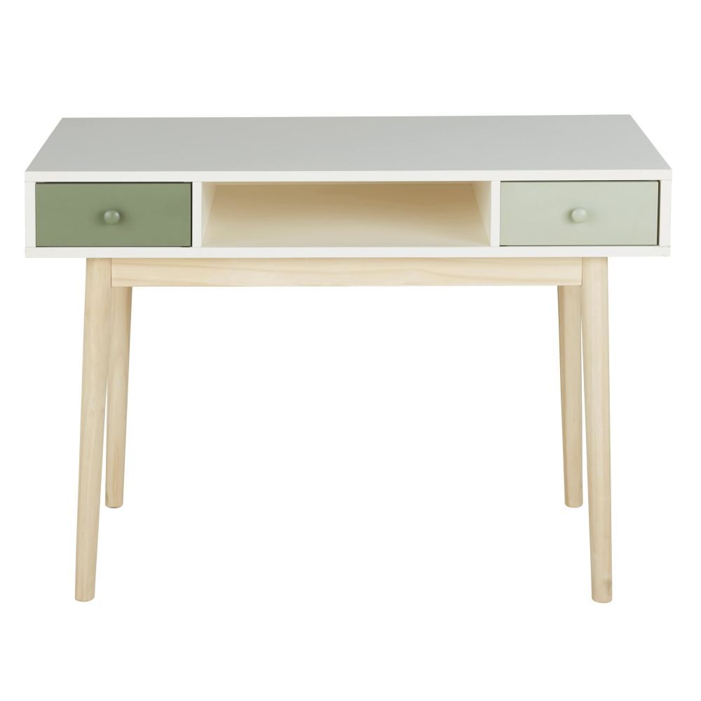 Bureau Vintage Blanc 2 Tiroirs Vert