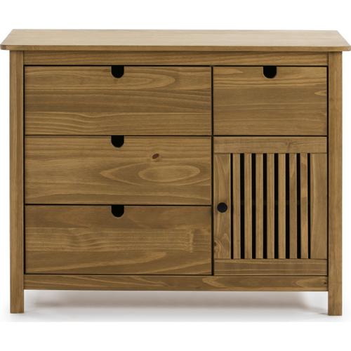 Commode 1 Porte 4 Tiroirs En Pin Massif Couleur Bois Naturel 100 Cm