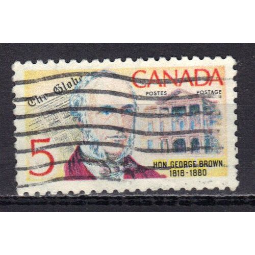 Canada 1968 : Sesquicentenaire De La Naissance De George Brown (1818-1880), Homme Politique Et Journaliste - Timbre 5 C. Ocre, Bleu, Noir Et Rouge Oblitéré