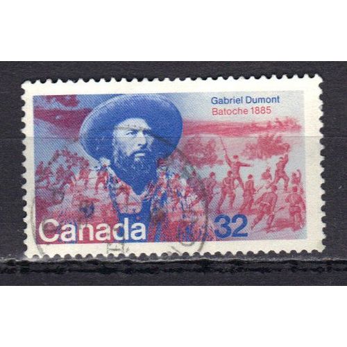 Canada 1985 : Hommage À Gabriel Dumont (1837-1906) : Portrait De Dumont Et Scène De La Bataille De Batoche - Timbre 32 C. Gris-Bleu, Rouge Et Bleu Oblitéré