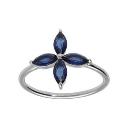 Bague Argent Rhodié Fleur Verre Bleu Foncé