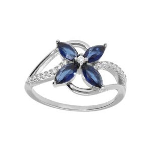 Bague Argent Rhodié Croisées Oxydes Blancs Sertis Fleur Verre Bleu Foncé