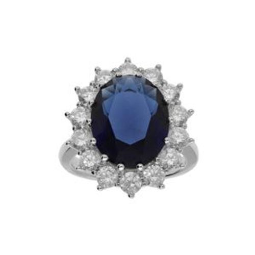 Bague Argent Rhodié Grosse 20mm X 17 Mm Pierre Centrale Bleu Foncé Et Contour Pierres Blanches