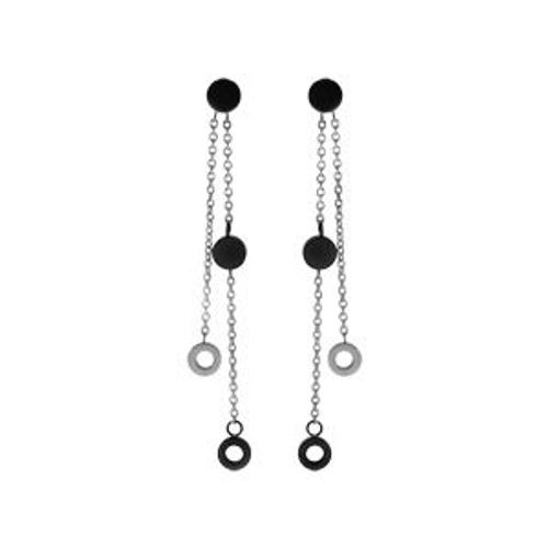 Boucles D'oreilles Tige Acier 2 Chaînette Avec Pastilles Pvd Noir