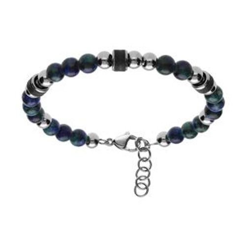 Bracelet Acier Et Boules Labradorite Teinté Bleu Vert Avec Cylindre Granité Noir 19+3cm