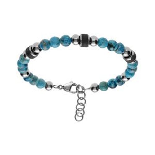 Bracelet Acier Et Boules Labradorite Teinté Bleu Turquoise Avec Cylindre Granité Noir 19+2cm