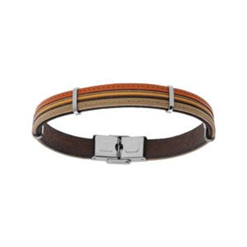 Bracelet Acier Avec Cordon Et Cuir Bovin Orangé Et Marron 20cm Réglable