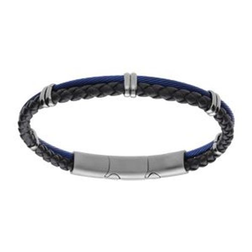 Bracelet Acier Câble Bleu Et Tresse Cuir Bovin Bleu Réglable Double Fermoir