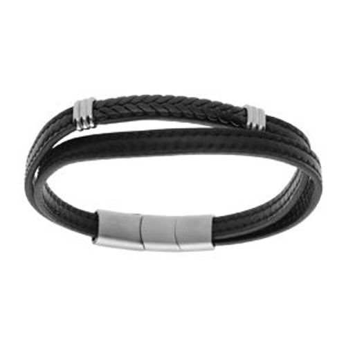 Bracelet Acier Double Cuir Bovin Marron Avec Tresse Pvd Noir Double Fermoir 20.5+1.5cm