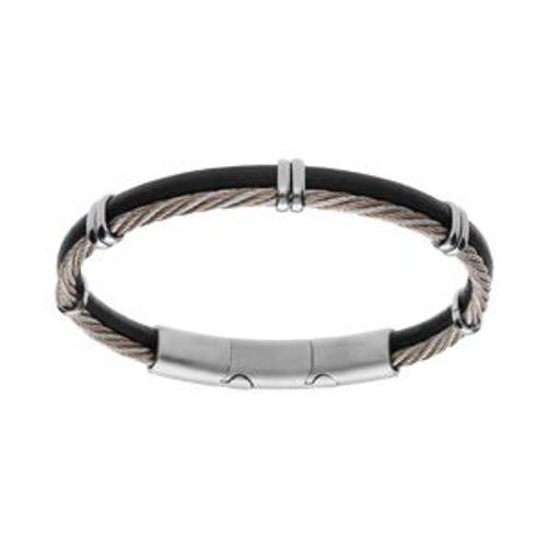 Bracelet Acier Et Cuir Bovin Marron Avec Câble Tresse Pvd Doré Rose Double Fermoir