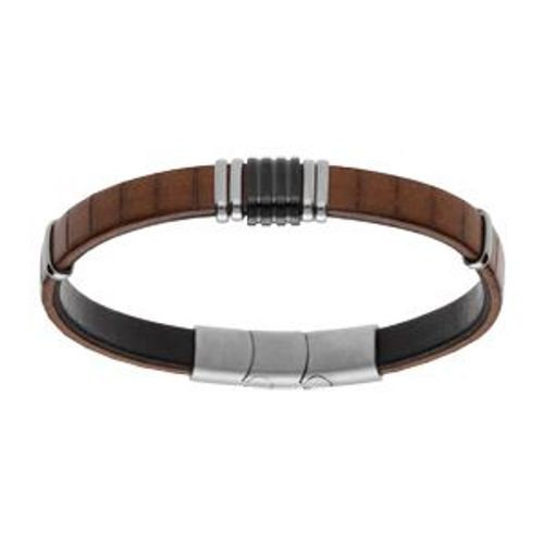 Bracelet Acier Et Cuir Bovin Marron Clair Avec Barrettes Pvd Noir 20+1cm Double Fermoir