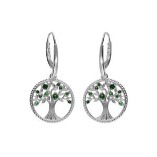 Boucles D'oreilles Dormeuse Argent Rhodié Arbre De Vie Contour Perlé Avec Oxydes Verts