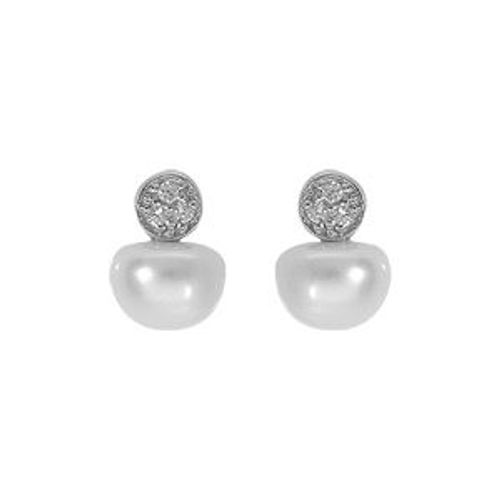 Boucles D'oreilles Tige Argent Platiné Perle De Culture D'eau Douce Et 1 Oxyde Blanc Serti