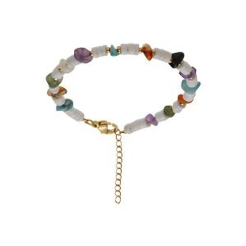 Bracelet Acier Rondelles Coquillage Avec Améthyste, Agate Rouge, Obsidienne Et Turquoise Imitation 16+3cm