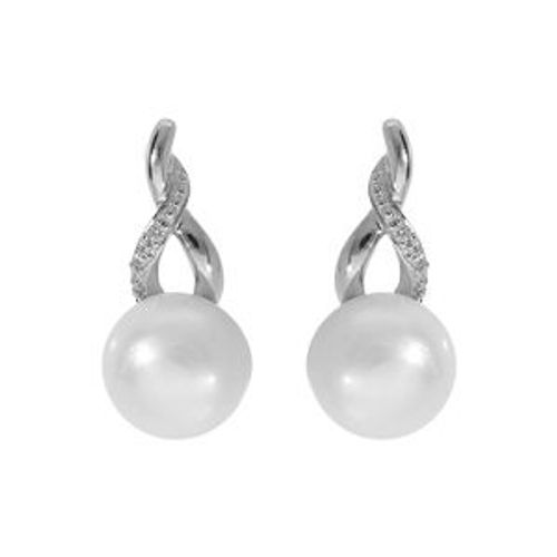 Boucles D'oreilles Tige Argent Platiné Perle De Culture D'eau Douce Avec Oxydes Blancs Sertis
