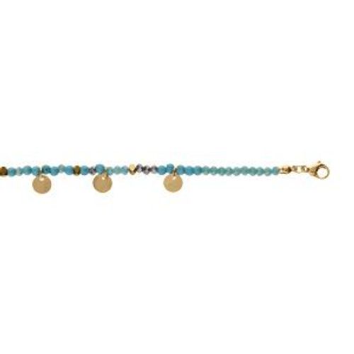 Bracelet Acier Et Pvd Doré Verre Et Turquoise Imitation Avec Pampilles Pastilles 16+3cm