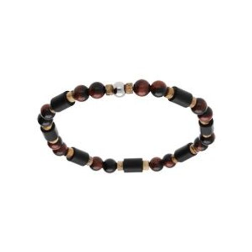 Bracelet Acier Extensible Boules Oeil De Tigre Marron Et Paesine Véritable