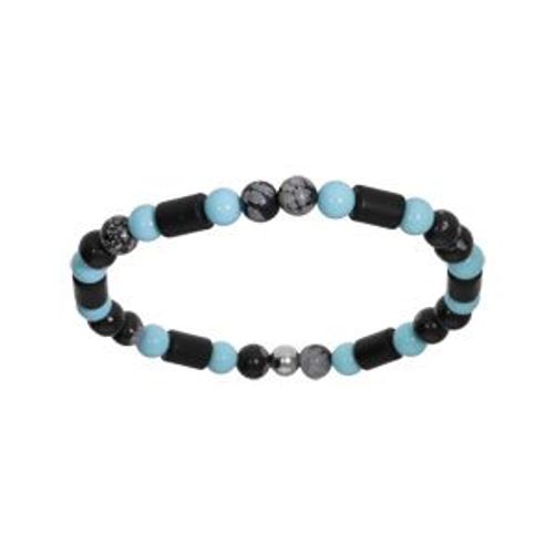 Bracelet Acier Extensible Boules Onyx Véritable Et Boules Turquoise Imitation