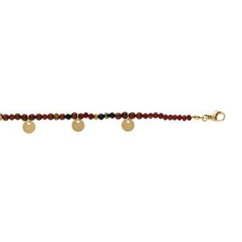 Bracelet Acier Et Pvd Doré Verre Et Pierre Rouge Véritable Avec Pampilles Pastilles 16+3cm