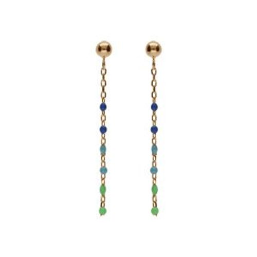 Boucles D'oreilles Tige Argent Et Dorure Jaune Olive Résine Multicolore Dégradé Bleu Vert