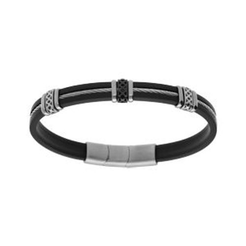 Bracelet Acier Et Caoutchouc Câble Gris Avec Motif Fermoir Aimanté 20+1.5cm Double Fermoir