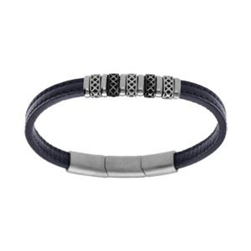 Bracelet Acier Et Cuir Bovin Bleu Motif Fermoir Aimanté 20+1.5cm Double Fermoir