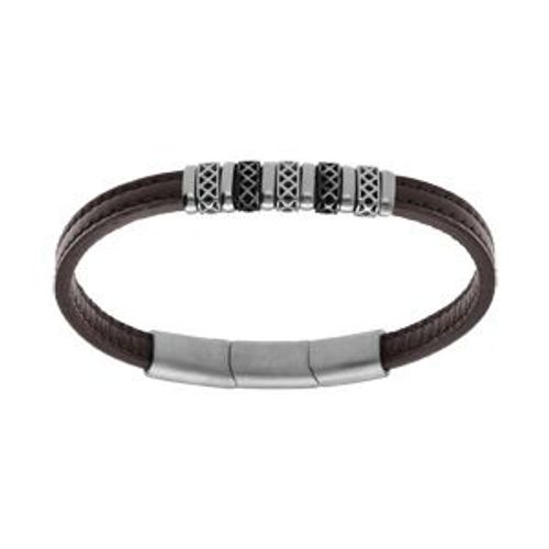 Bracelet Acier Et Cuir Bovin Marron Motif Fermoir Aimanté 20+1.5cm Réglable
