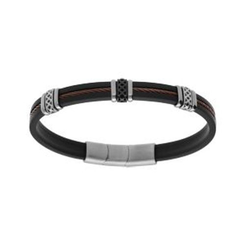 Bracelet Acier Et Caoutchouc Câble Marron Motif Fermoir Aimanté 20+1.5cm Double Fermoir