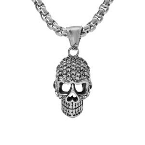Collier Acier Pendentif Tête De Mort Oxydes Blancs 50+5cm