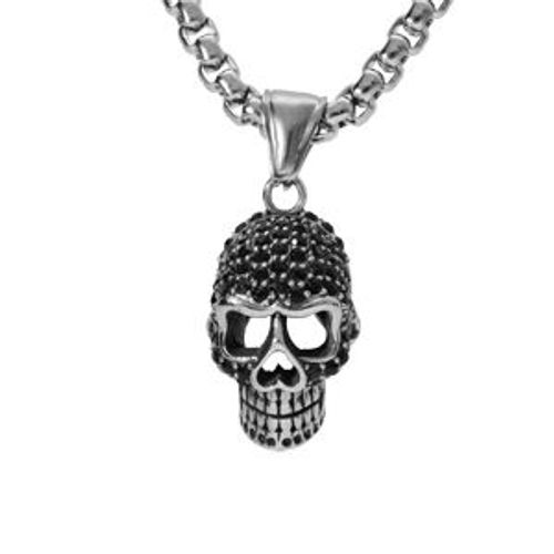 Collier Acier Pendentif Tête De Mort Oxydes Noirs 50+5cm