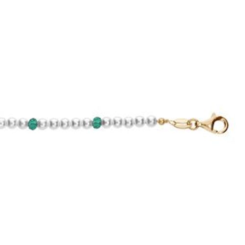 Bracelet Argent Et Dorure Jaune Perles 3mm Blanche Imitation Et Verte 16+3cm