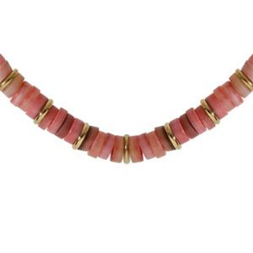 Collier Acier Et Pvd Doré Rondelles Coquillage Teinté Rose 35+9cm