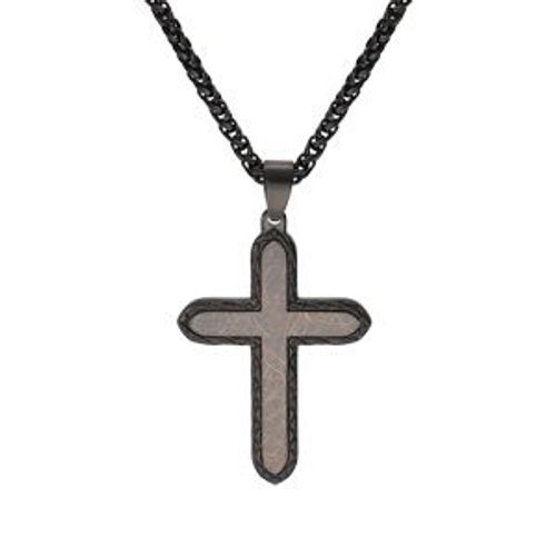 Collier Acier Patiné Avec Croix Marron 40x30mm 60cm