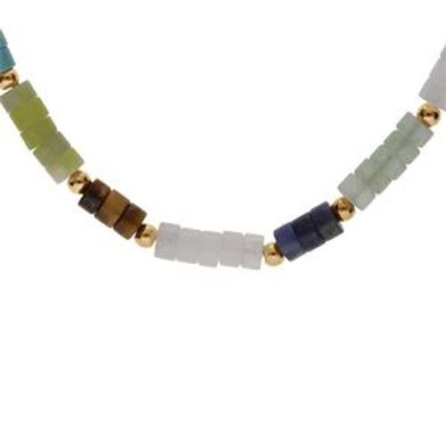 Collier Acier Rondelles Sodalite, Olivine, Quartz, Oeil De Tigre Véritable Et Turquoise Imitation 40+5cm