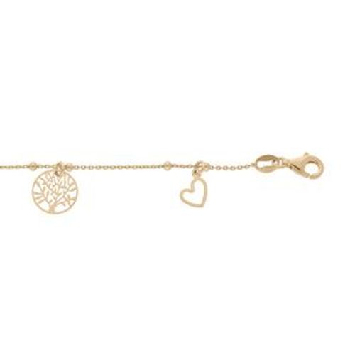 Bracelet Argent Et Dorure Jaune Fine Boules Pampilles Coeurs Et Arbre De Vie 16+3cm