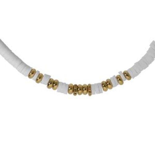 Collier Acier Rondelles Blanches Et Boules Pvd Doré 40+5cm