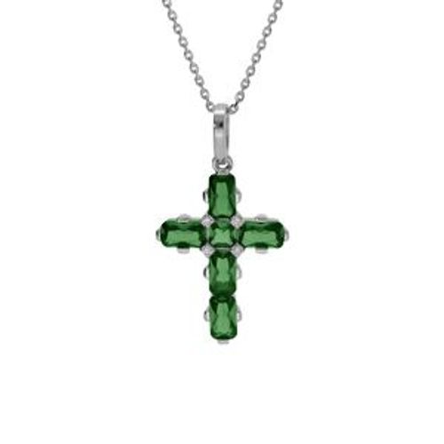 Collier Argent Rhodié Pendentif Croix Oxydes Verts 38+5cm