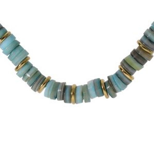 Collier Acier Et Pvd Doré Rondelles Coquillage Teinté Bleu 35+9cm