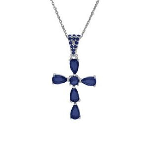 Collier Argent Rhodié Pendentif Croix Oxydes Bleu Foncé 38+5cm
