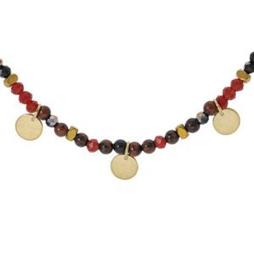 Collier Acier Et Pvd Doré Verre Et Pierre Rouge Véritable Avec Pampilles Pastilles 38+7cm