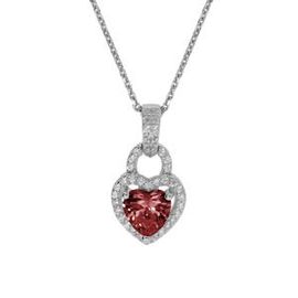 Collier Argent Rhodié Pendentif Coeur Oxydes Rouge Et Contour Blancs 38+5cm
