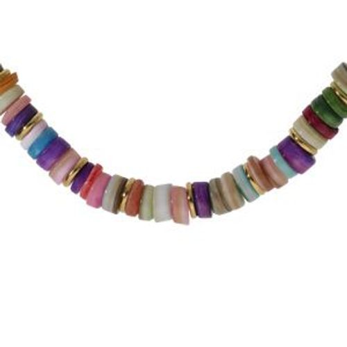 Collier Acier Et Pvd Doré Rondelles Coquillage Teinté Multicolore 35+9cm