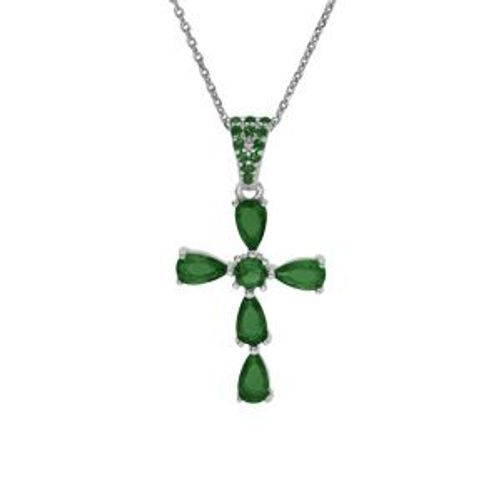 Collier Argent Rhodié Pendentif Croix Oxydes Vert 38+5cm