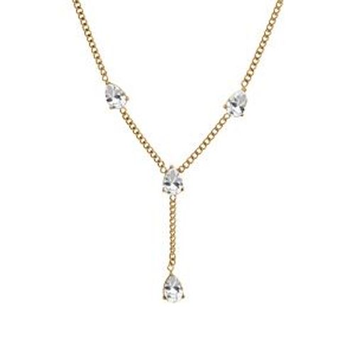 Collier Acier Et Pvd Doré Forme Y Oxydes Blancs 39.50+4cm