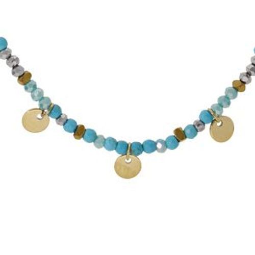 Collier Acier Et Pvd Doré Verre Et Pierre Turquoise Imitation Avec Pampilles Pastilles 38+7cm