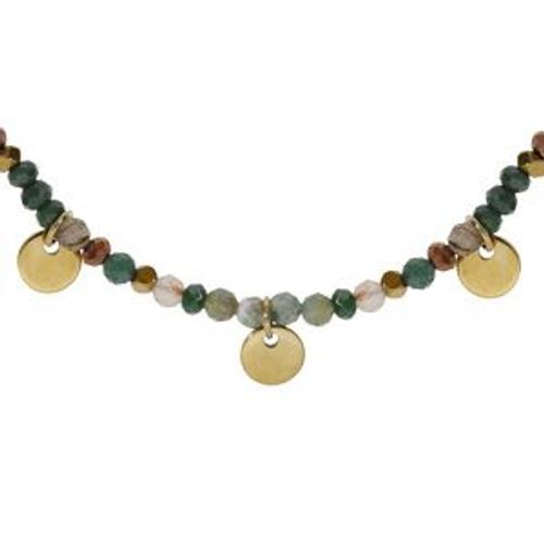 Collier Acier Et Pvd Doré Verre Et Agate Verte Véritable Avec Pampilles Pastilles 38+7cm