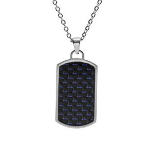 Collier Acier Pendentif Rectangle Pans Arrondi Carbone Reflet Bleu 50+5cm