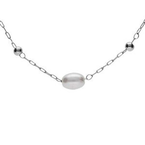 Collier Acier Perles Blanches Ovales Imitation 44+5cm