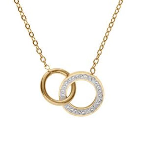 Collier Acier Pvd Doré Double Cercle Entrelacés Résine Et Strass Blancs 41+5cm