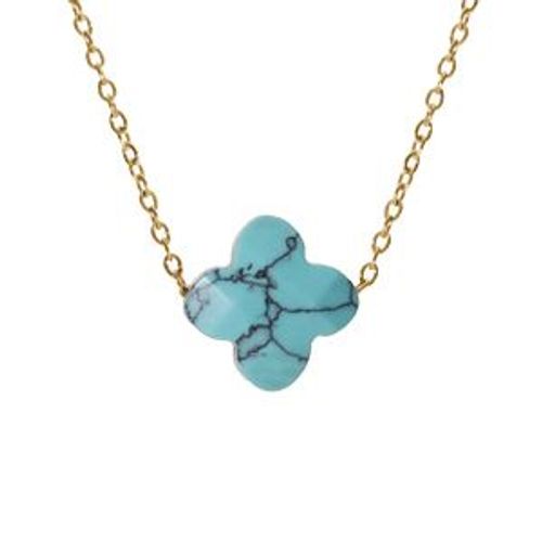 Collier Acier Pvd Doré Motif Pierre Imitation Faceté Turquoise 40+5cm